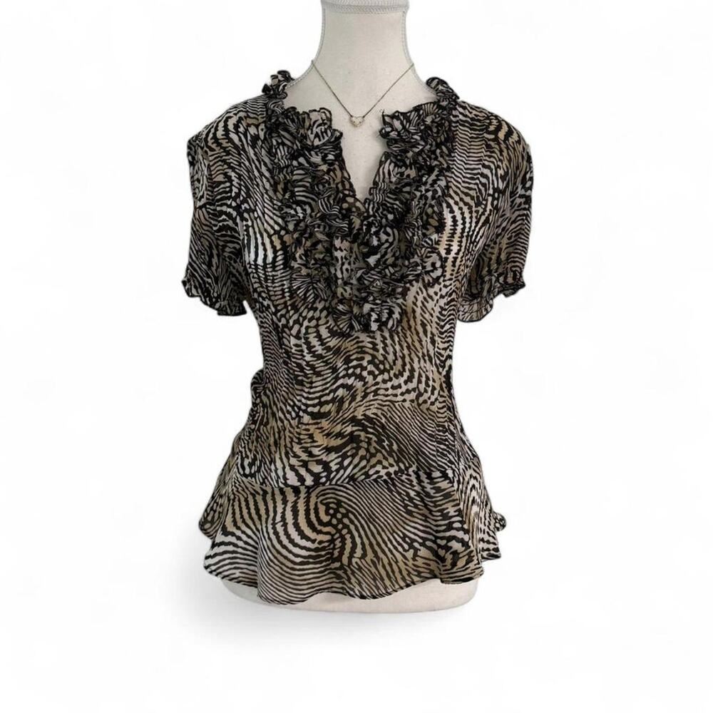 Alison Taylor Whimsy Animal Print Blouse With Ruffles Short Sleeve Fitted Size L